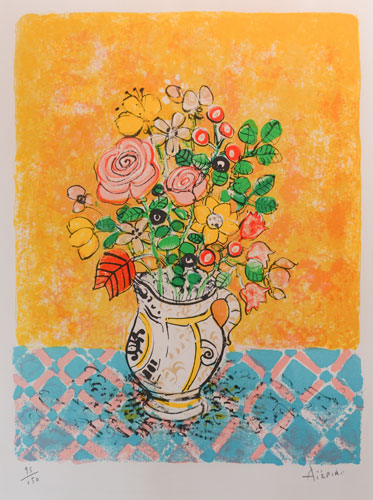 【専用】ポール・アイズピリ「緑背景の陶器の花瓶の花束」【作家直筆サイン】